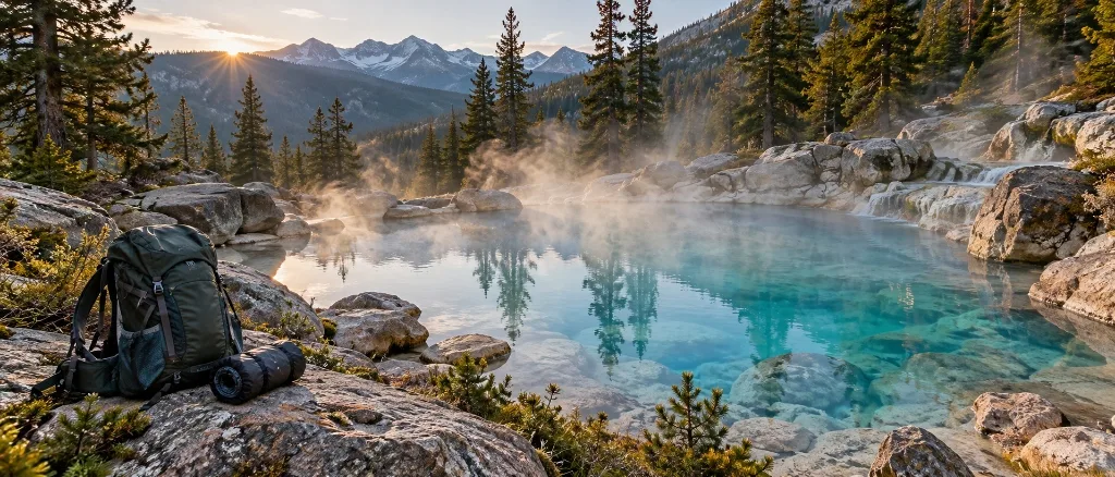 A packed backpack beside a pristine turquoise hot spring at sunrise
