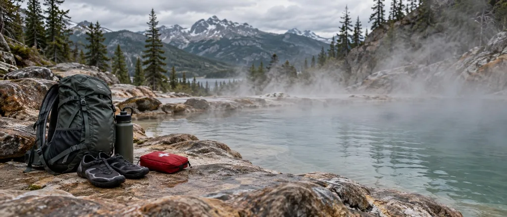 Backpack, water shoes, bottle and first-aid kit beside a steaming wilderness hot spring